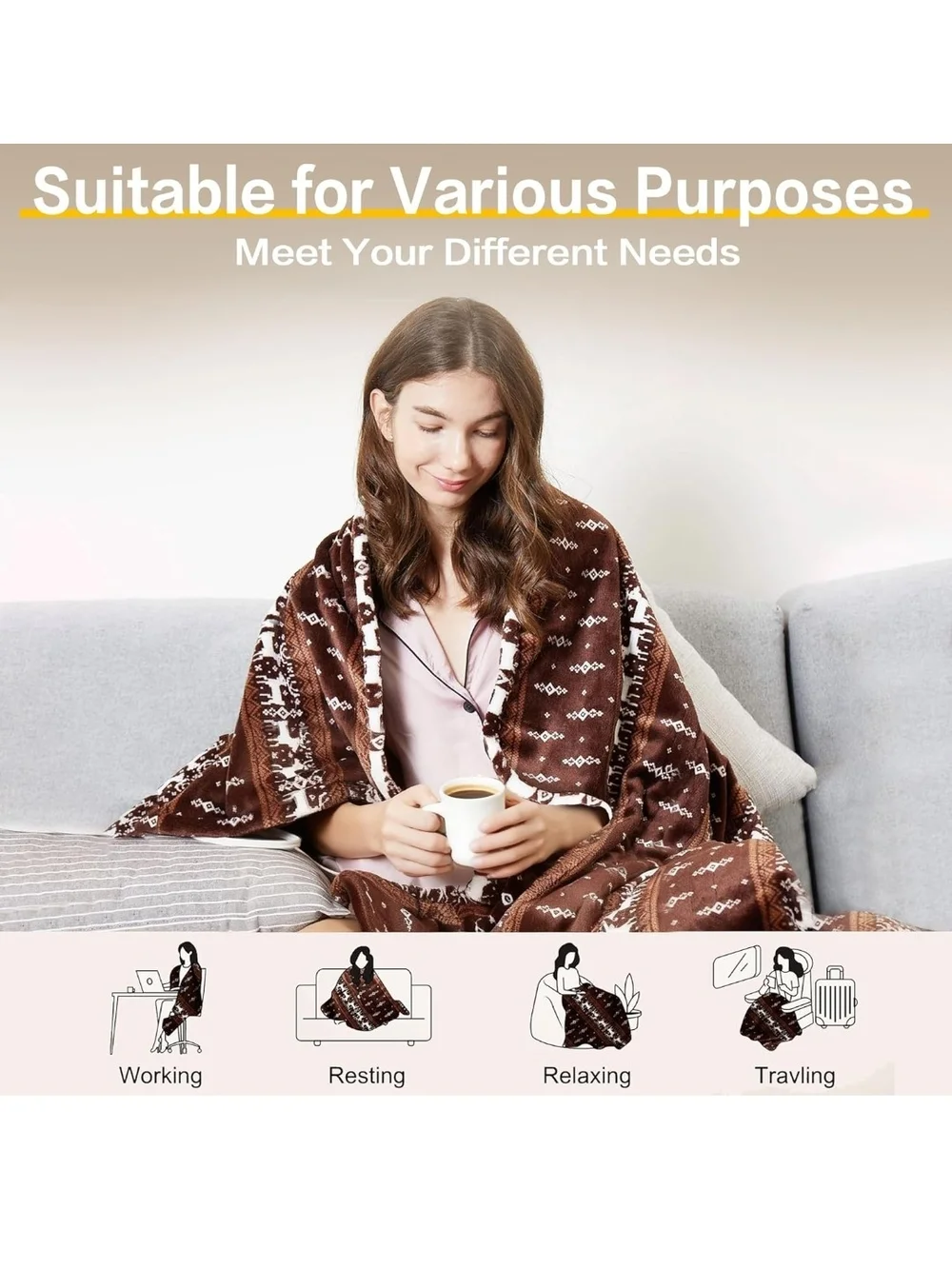 Cozy Brown Reindeer Fleece Throw Blanket. 50x60